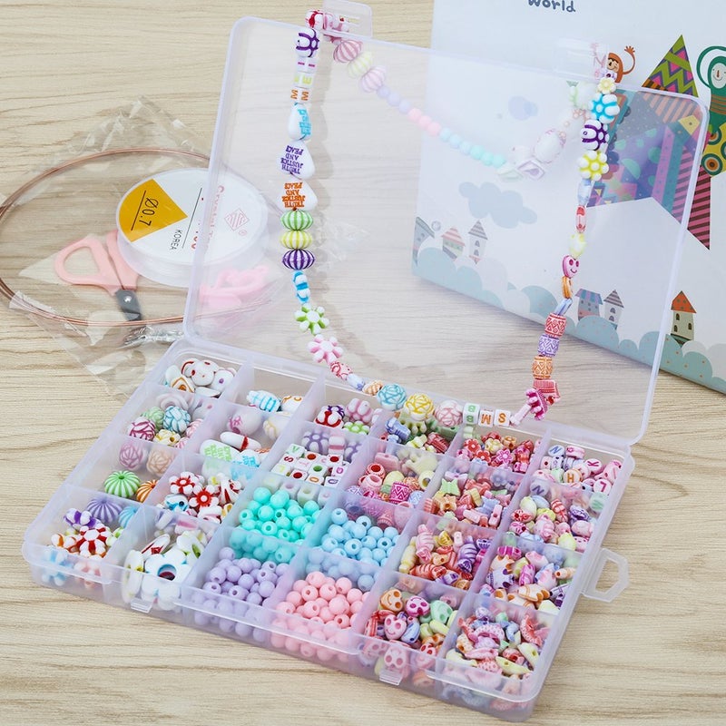 WELCOMY طقم خرز DIY مكون من 850 قطعة مع لفافة، مقص و 3 دبابيس شعر، 24 نوعًا وشكلًا مختلفًا من خرز الأكريليك الملون لتدريب الكسل البصري في صندوق، حرف خرز قلادة وسوار للأطفال - Image 3